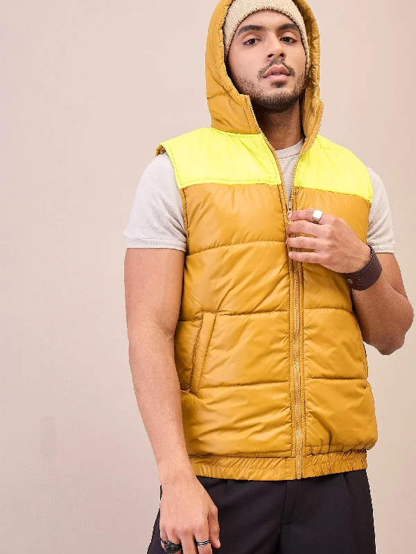 Personalized Jackets For Sponsorship Deals-Men Khaki & Yellow ColorBlock Hoodie Sleeveless Jacket