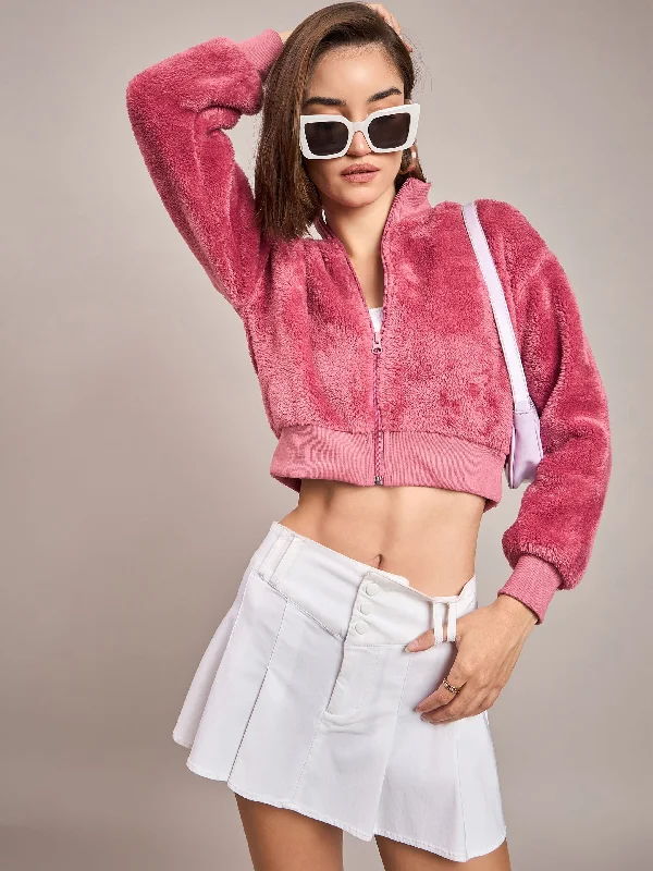 Jackets With Custom Fabric Options-Women Pink Fur High Neck Crop Bomber Jacket