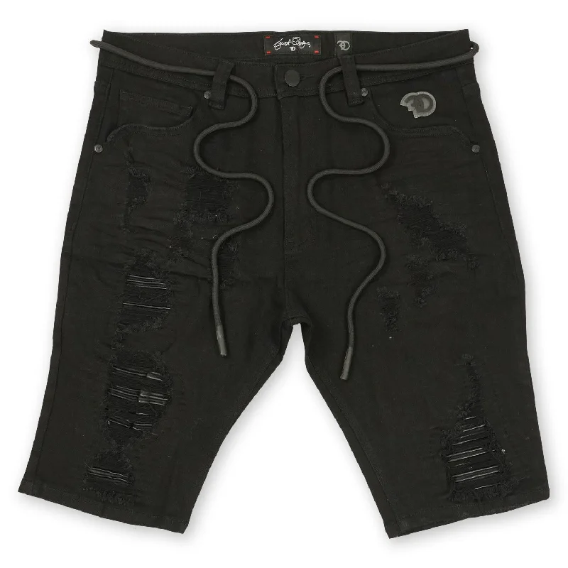 Custom Shorts For School Competitions-F600 Frost Shredded Denim Shorts - Black/Black