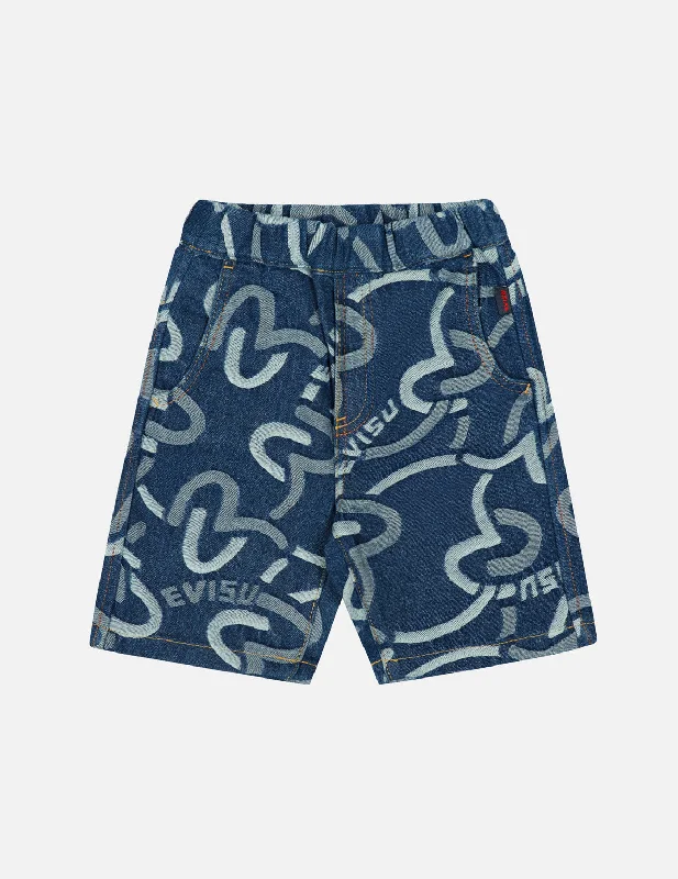 Custom Shorts For Sports Conferences-Allover Seagull and Logo Print Regular Fit Denim Shorts