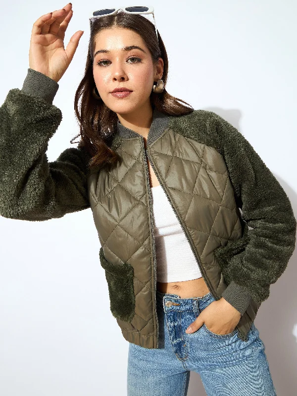 Custom Jackets For Player Celebrations-Women Olive Faux Fur Detail Bomber Jacket