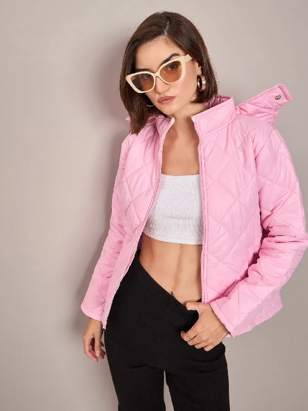 Personalized Jackets For Fan Customization-Women Pink Diamond Quilted Hooded Puffer Jacket