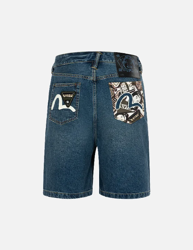 Custom Shorts For Event Partnerships-Allover Godhead Print and Seagull Embroidery Relax Fit Denim Shorts