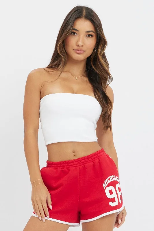 Shorts With Custom Logos & Text-Red Track Shorts High Rise Elastic Waist