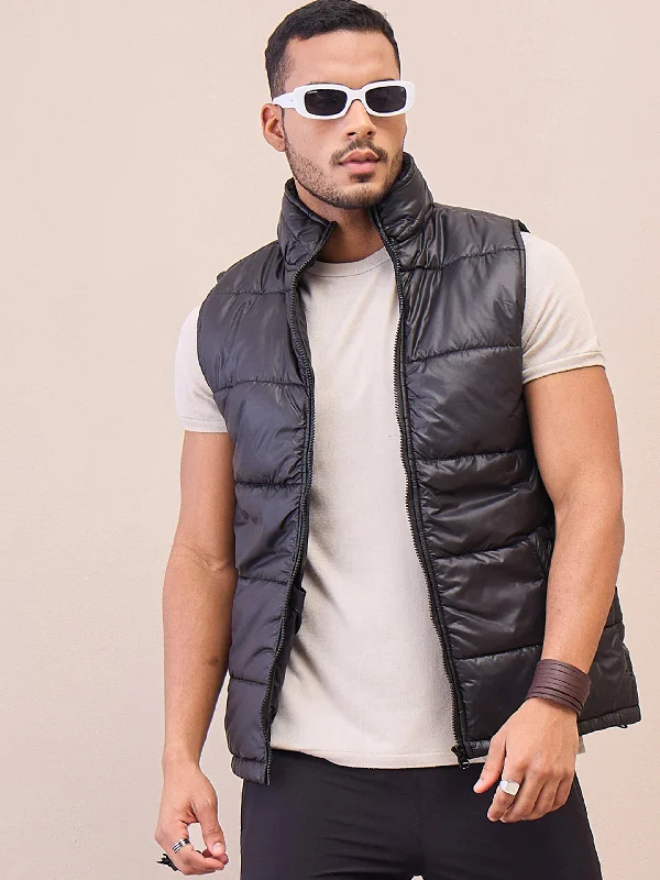 Personalized Jackets For College Events-Men Black Fur Collar Puffer Sleeveless Jacket