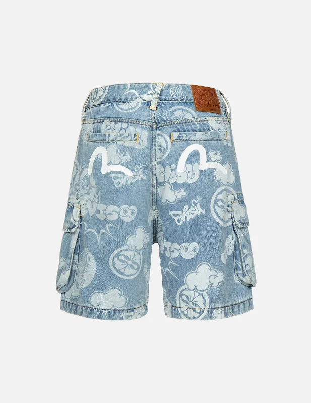 Shorts With Custom Sleeve Designs-Graffiti Daruma and Kamon Discharged Print Denim Cargo Shorts