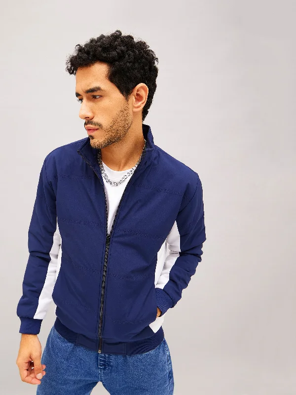 Personalized Jackets For Event Marketing-Men Navy & White Color Block Biker Jacket