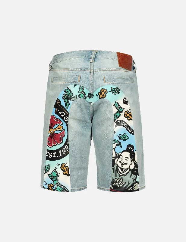 Custom Shorts For Seasonal Leagues-Playful Godhead Daicock Print Regular Fit Denim Shorts