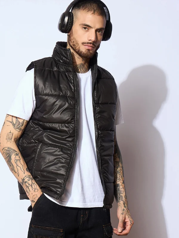 Custom Jackets With Custom Sleeve Text-Men Black Fur Collar Puffer Sleeveless Jacket