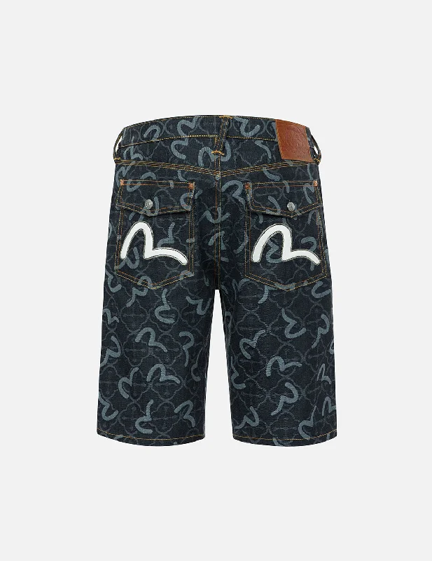 Shorts For Community Support Events-Allover Seagull and Kamon Jacquard Regular Fit Denim Shorts