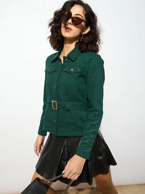 Jackets For Community Support Events-Women Emerald Green Denim Belted Jacket