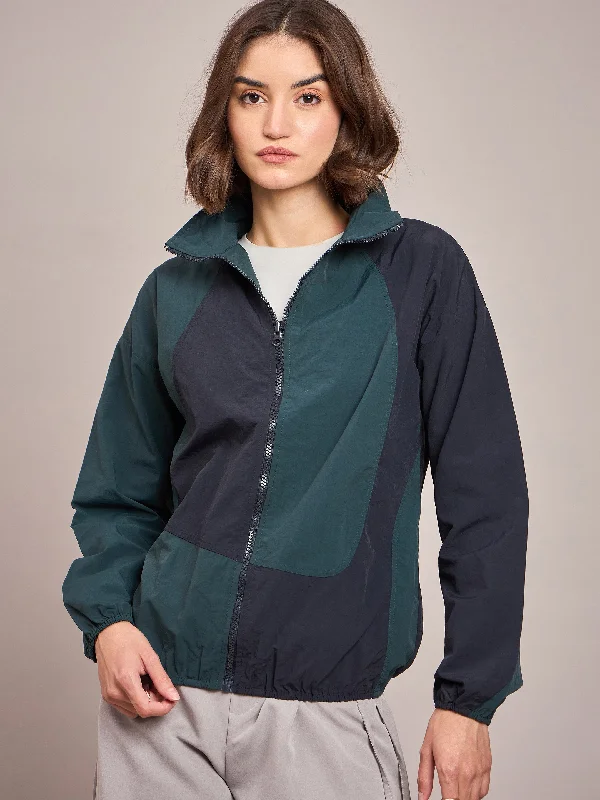 Jackets For Corporate Team Activities-Women Green ColourBlock Parachute Zipper Jacket