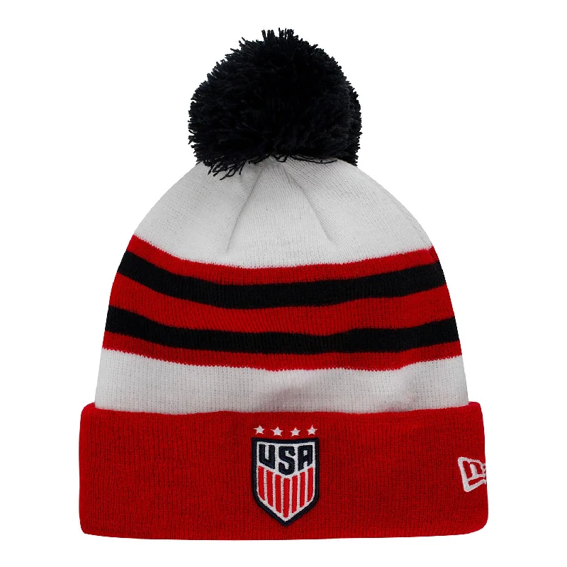 Hat For Local Supporter Events-Men's New Era USWNT Pom Cuff White/Red/Navy Knit