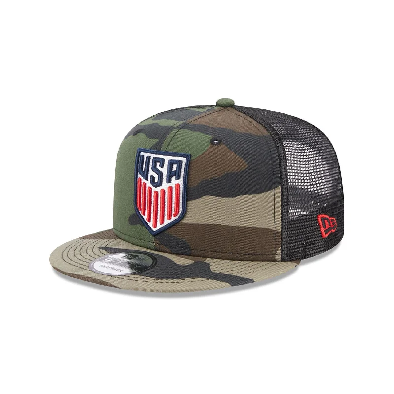 Hat With Embroidered Player Numbers-Men's New Era USMNT 9Fifty Classic Trucker Mesh Camo